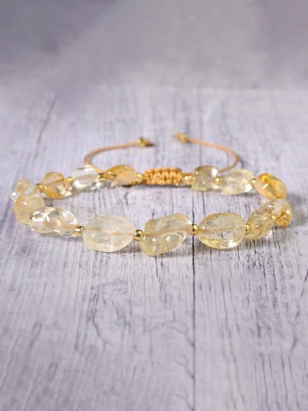 Handcrafted Citrine bracelet irregularly shaped stones gold bead braided closure